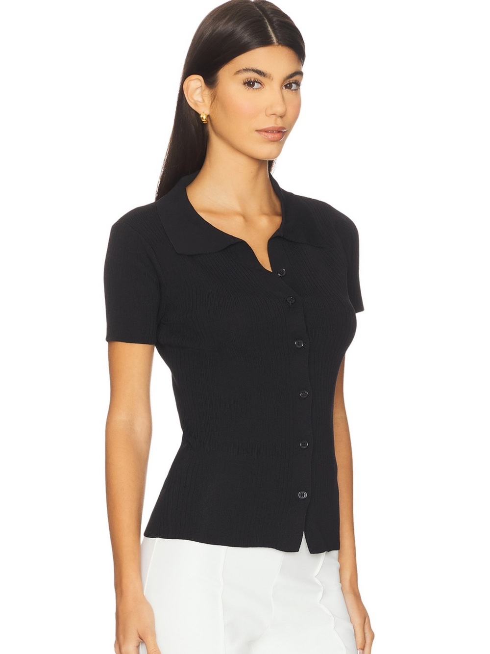 Fitted Black Short-Sleeve Button-Down Knit Shirt